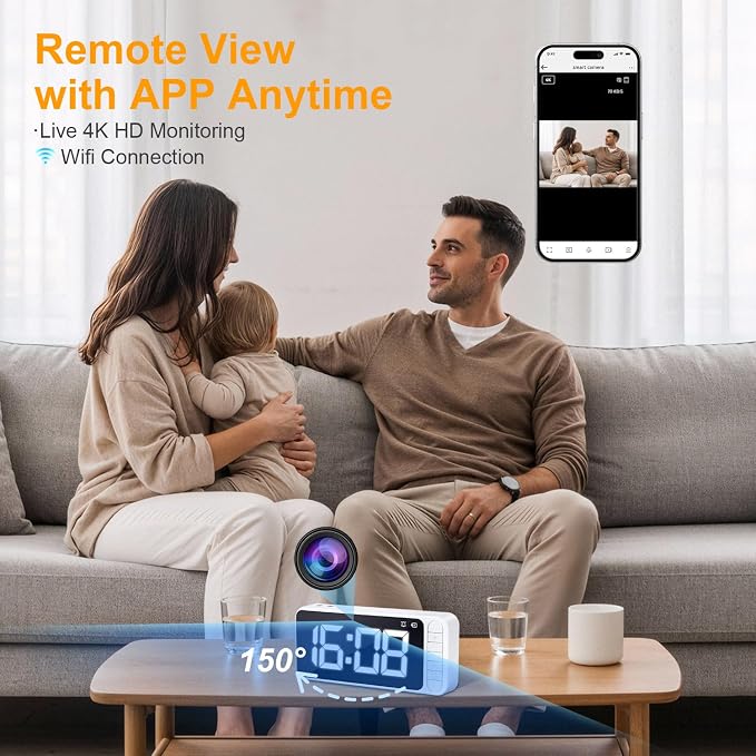 Magnetic Hidden Camera Clock - WiFi Wireless 4K HD Nanny Cam with Wide-Angle 150°, Clear Night Vision & Smart Motion Detection, Indoor Hidden Camera for Home Security, Office, Pet, App Remote Control