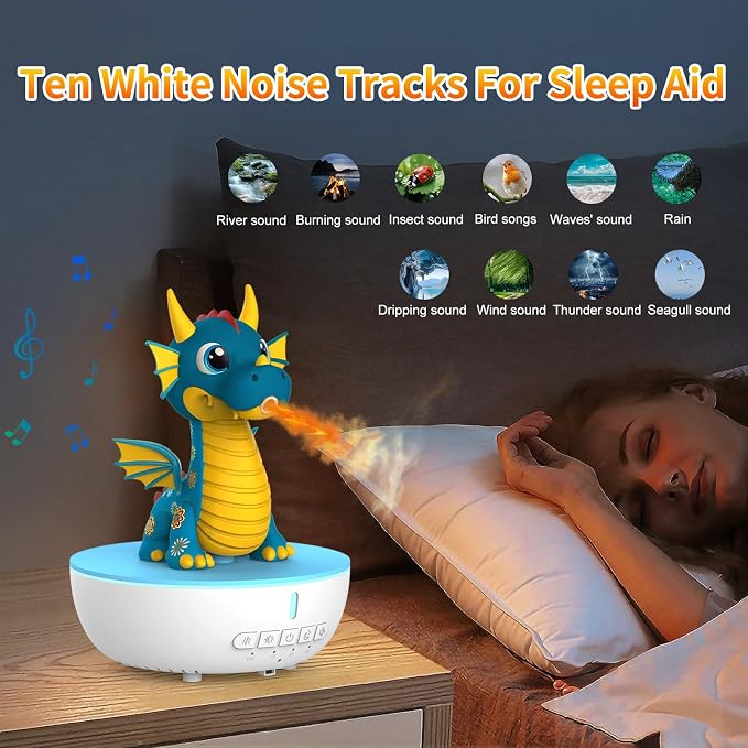 Dragon Aromatherapy Humidifier, 200ML Mini Desktop Essential Oil Diffuser, White Noise Machine with 10 Soothing Sounds, Cute Small Humidifiers for Kids Bedroom, Home, Office (Blue)