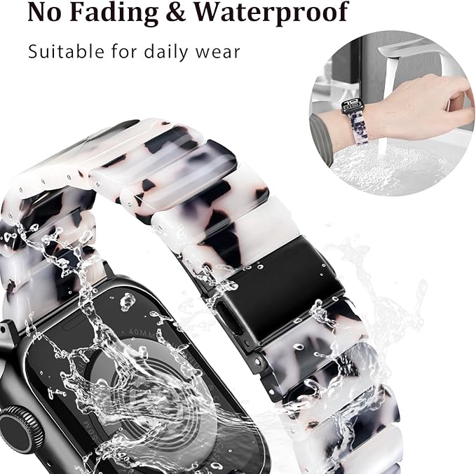 V-MORO Resin Band Compatible with Apple Watch Series 11/10 41mm/40mm/38mm/42mm Women Men Fashion Strap for iWatch Series 9/8/7/6/5/4/3/2/1/SE/SE 2 Lightweight Bracelet (Classic Ivory Tortoise-Black)