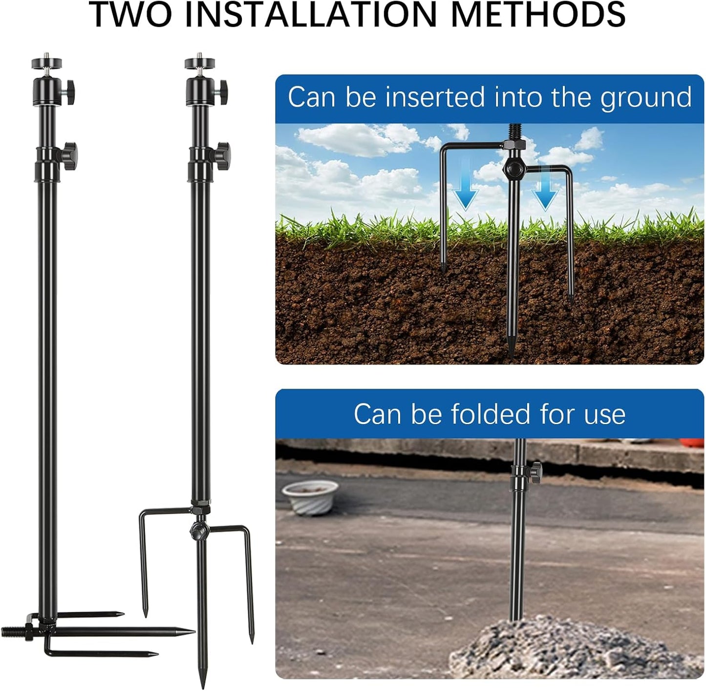 Trail Camera Mount,Height Adjustable (15.7"-28.3") & 360° Rotating Stake,Dual-Mode Base for Soft/Hard Ground Post,Game Cam Stand with 1/4"-20 Thread, Metal pole for Solar Panels,Hunting,Wildlife.3Pcs