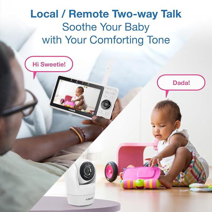 VTech Smart WiFi Baby Monitor, 2 Cameras – See Both Rooms at Home or from Anywhere, Free App, 1080p Split Screen, 5" HD Screen, Pan-Tilt-Zoom, Night Vision | VM901-2