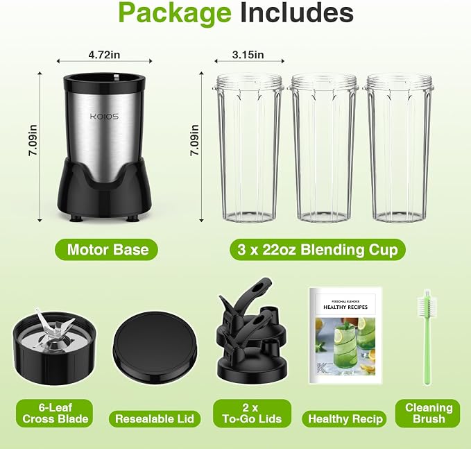 KOIOS Blender for Smoothies,Personal Blender for Shakes and Smoothies with 3 * 22oz To-Go Cups,22000 RPM Smoothie Maker,Detachable 6-leaf Blade Portable Blenders for kitchen,Black