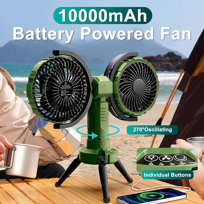 10000mAh Outdoor Camping Fan, Oscillating Battery Operated Tent Fan with LED Lantern, Dual Head Rechargeable Tent Ceiling Fan with Tripod & Hanging Hook - Green