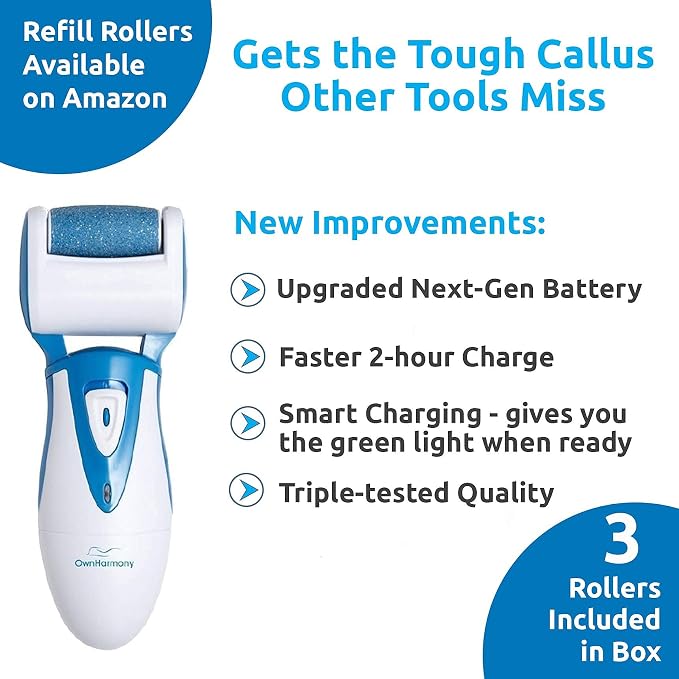 Own Harmony Electric Callus Remover and 6 Rollers Bundle: Professional Pedicure Tools Foot Care for Women, Rechargeable Foot Scrubber, Electronic Feet File Pedi Sander Best for Cracked Dry Dead Skin