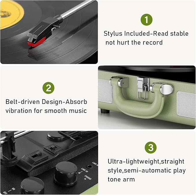Vinyl Record Player 3-Speed Bluetooth Suitcase Portable Belt-Driven Record Player with Built-in Speakers RCA Line Out AUX in Headphone Jack Vintage Turntable,Aegean Green