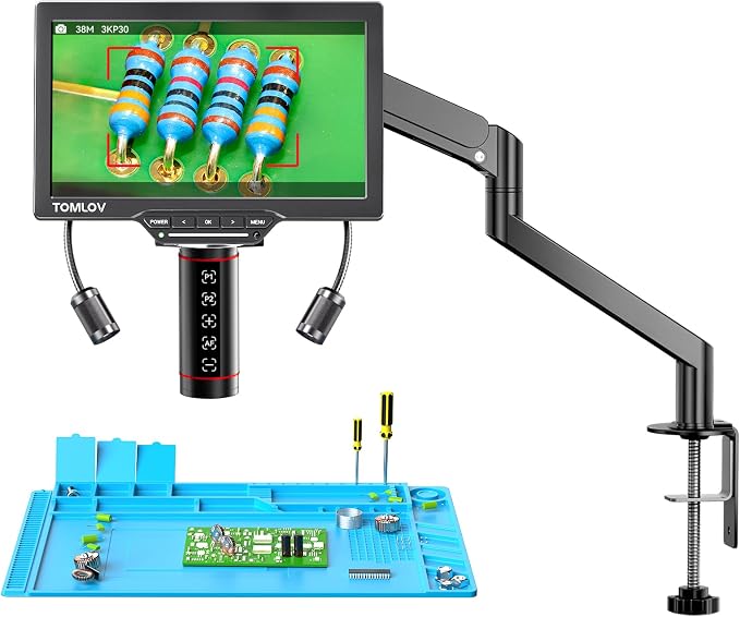 TOMLOV Autofocus Digital Microscope TM3K-AF Flex: 3K Flex Arm HDMI Soldering Microscope for Adults, Full Coin View Magnifier, 7" IPS Screen, Upgraded Gooseneck Light, Repair Mat, PC/TV Compatible, 16G