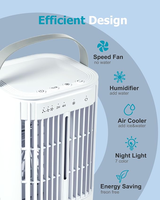 Portable Air Conditioners AC Unit: 3-Speed Mini Air Conditioner, 3-in-1 Personal Cooling Fan, Small Air Cooler with 1000ml Water Tank, 2H/4H Timer, USB Powered for Bedroom Office Desk