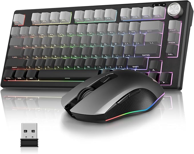 RedThunder K75 Wireless Membrane Keyboard & Mouse Combo,75% Side-Engraved Keycaps,Optical Gaming Mouse with 4800DPI,3 Modes(BT/2.4G/Wired),Dual System,RGB Backlit,Rechargeable Battery,Gradient Gray