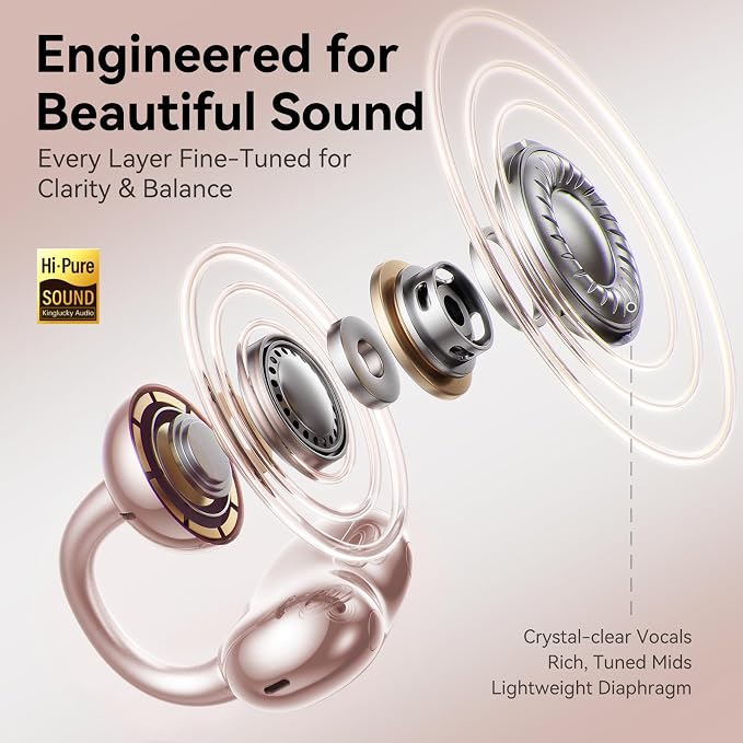 Kinglucky Clip-On Open Ear Earbuds with Detachable Butterfly Earrings, Bluetooth 6.0 Wireless Headphones for Women, 40H Playtime, Comfortable Fit for Small Ears, Sports, Glasses Wearers, Rose Gold