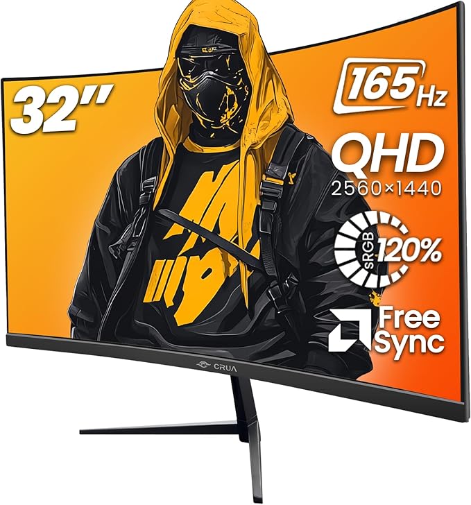 CRUA 32" Curved Gaming Monitor, 2K QHD 2560x1440, 144Hz/165Hz VA Display, 1800R Screen, 120% sRGB, AMD FreeSync, Low Blue Light, HDMI& DP, Wall Mountable PC Monitor for Gaming, Streaming & Work- Black