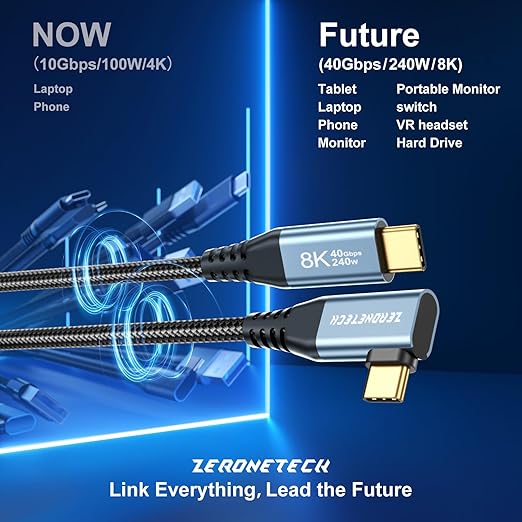 ZeroneTeck 12 inch USB C for Thunderbolt 4 Cable 1FT, 40Gbps High Speed Data Transfer Short, Right Angle 8K@60Hz Monitor Video Output, 240W PD Charging 90 Degree, for SanDisk,SSD,MacBook,iPad,KYY,Dell