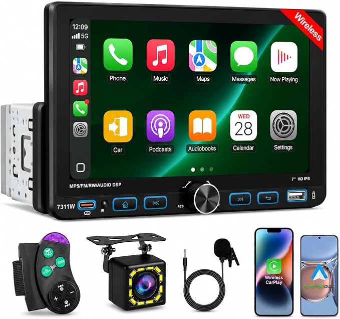7" Single Din Car Stereo with Wireless Apple CarPlay,IPS Touchscreen,Bluetooth 5.2 Car Radio with Backup Camera,FM/AM/RDS,Android Auto,SWC,GPS Navigation,USB,Type-C Fast Charging,MIC