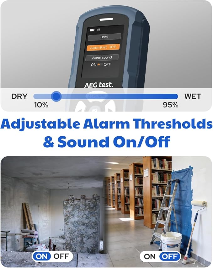 AWT-380 Rechargeable Pinless Moisture Meter for Wood, Drywall & Masonry, Wood Moisture Meter with Color Display, Adjustable Alarm, Data Records, Non-Destructive Water Leak Detector for Home
