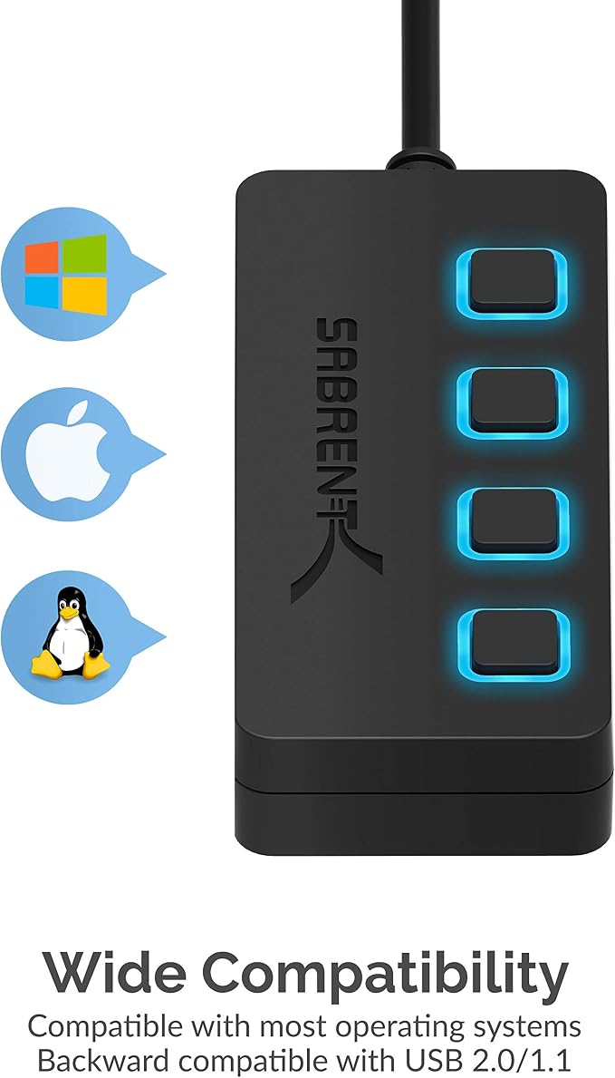 SABRENT 4-Port USB 3.0 Hub with Individual LED Power Switches - Slim, Portable Design - 2 Ft Cable - Fast Data Transfer - Compatible with Mac & PC (HB-UM43)
