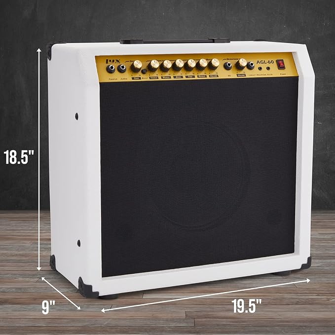 LyxPro 60 Watt Electric Guitar Amplifier | Combo Solid State Studio & Stage Amp with 10” 4-Ohm Speaker, Custom EQ Controls, Drive, Delay, ¼” Passive/Active/Mic Inputs, Aux In & Headphone Jack - White