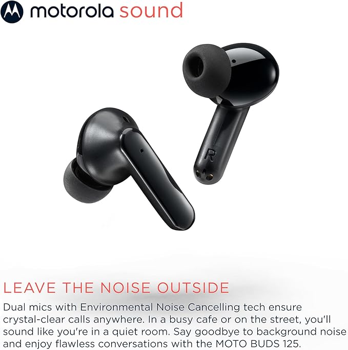 Motorola Sound Moto Buds 125 True Wireless Earbuds, IPX5 Waterproof Sweatproof Touch Control Ear Buds with Dual Noise Cancelling Microphone, Charging Case, Black