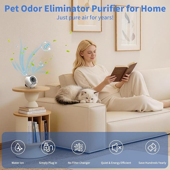 Water Ionic Air Purifier for Home Pets – Small Filterless Pet Odor Eliminator with USB-C, Air Ionizer for Cats&Dogs, Bedroom, Bathroom, Kitchen, Car, Quiet Continuous Air Purification, White