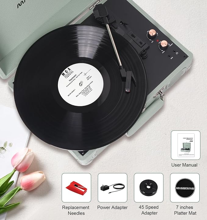Record Player 3 Speed Bluetooth Portable Suitcase, Vinyl Phonograph with Built-in Bass & Speakers, Belt-Driven LP Player Support AUX-in RCA Line Out Headphone Jack, Green