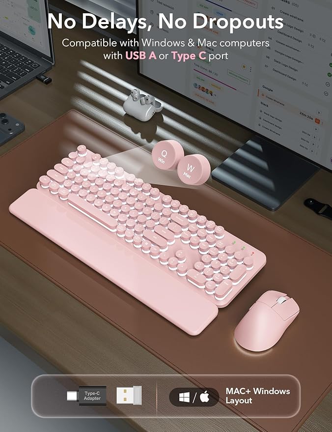 Wireless Keyboard and Mouse Backlit - Pink Typewriter Keyboard with Magnetic Wrist Rest, Retro Round Keycaps, Light Up Letters, 2.4GHz Cordless Combo for Windows, PC, Laptop, Trueque [Upgraded]