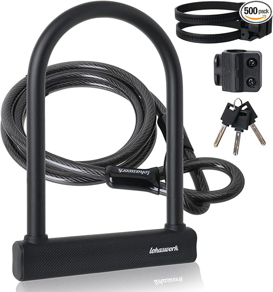 Bike Lock, Heavy Duty Anti Theft Bicycle Lock, U Lock with 6Ft Steel Cable, Locks with 3 Key & Mounting Bracket for Electric Bike Scooter Motorcycle Door Gate