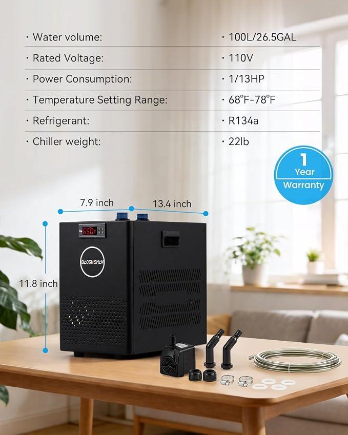 BAOSHISHAN Aquarium Chiller 26 Gallon 1/13 HP Water Cooling System | Quiet Compressor Refrigeration Aquarium Water Chiller, with Pump and Tubing, Ideal for 20-30 Gallon Axolotl Fish Reef Tank