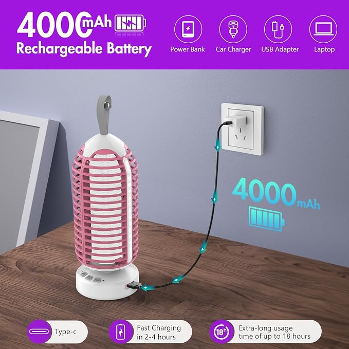 Bug Zapper Outdoor with Colorful Lighting and Auto-Sensing, 3 in 1 Cordless 4000mAh Battery Electric Fly Trap, Rechargeable Mosquito Zapper for Camping, Patios, Garden, Kitchen (2Pack-Pink)