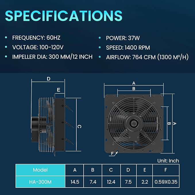 HG Power Upgraded 12 Inch Shutter Exhaust Fan with Speed Controller, 764CFM High-Speed Vent Fan, 1400RPM Wall Mounted Attic Fan for Shed, Garage, Greenhouse Ventilation, Black