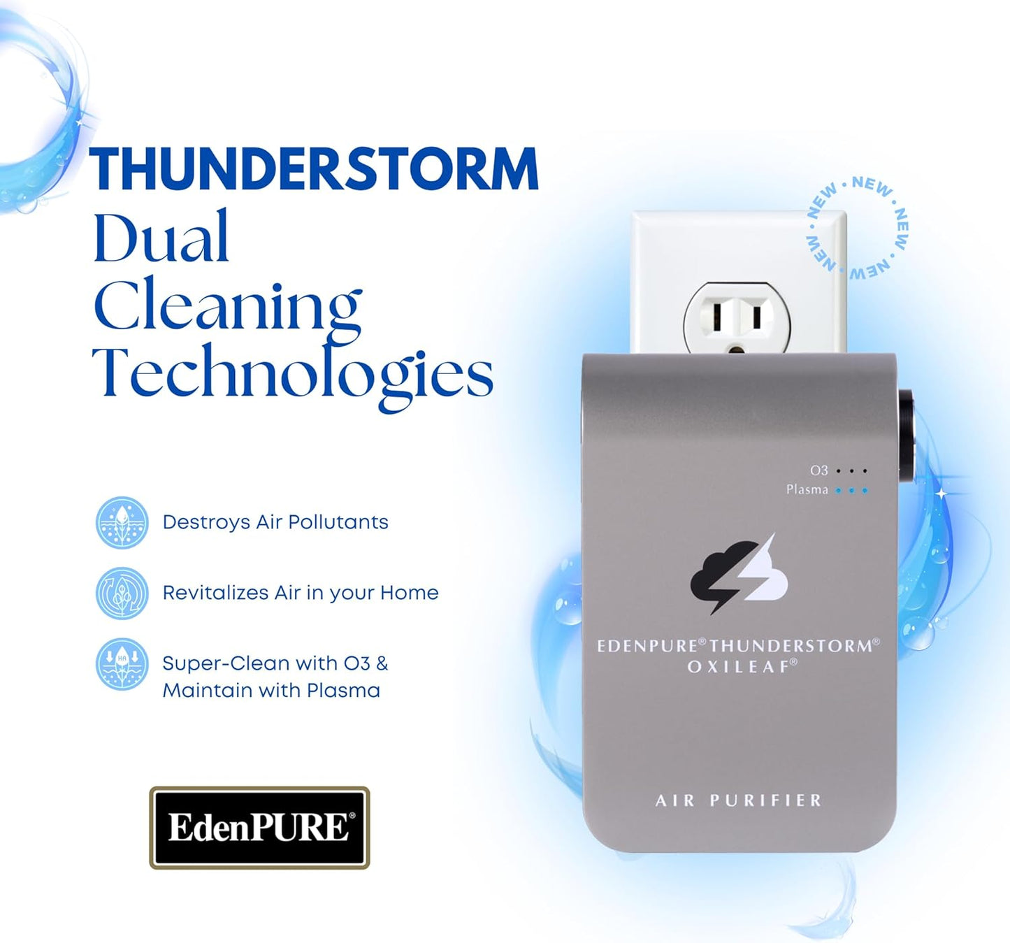 EdenPURE Thunderstorm III Air Purifier – Small Plug-In Ozone Generator & Ionizer – Eliminates Odors, Pet Smells, Smoke, Mold – Filter-Free Portable Cleaner for Home, Travel, Car, Office Use