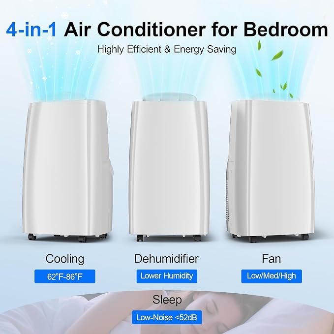 Uthfy 14,000BTU Portable Air Conditioners, 4-in-1 Function Ac Unit with Cooling, Dehumidifier,Fan and Sleep Mode, Self-evaporation, 24H Timer Auto-on/off, Cools up to 750 sq.ft, Window kits Included