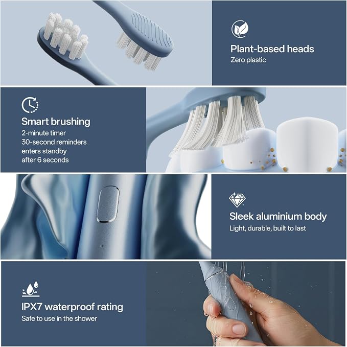 Oday Sonic Electric Toothbrush for Adults with Wall Mounted Toothbrush Sanitizer Holder and 4 Brush Heads, Smart Timer, Wireless Charging, IPX7 Waterproof, 1 Month+ Battery, Blue