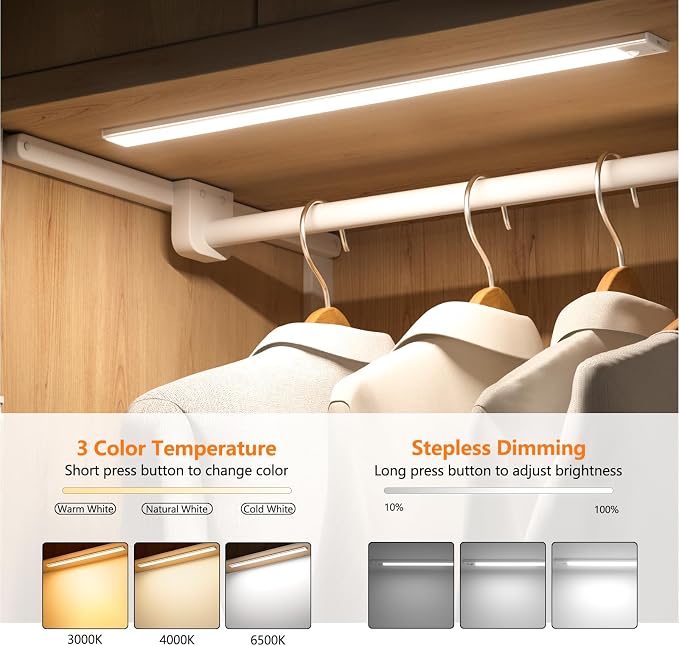 60cm Ultra Thin Under Cabinet Lights, 106 LED 5000mAh Motion Sensor Lights Indoor, 3 Color Stepless Dimming Rechargeable LED Lights for Cupboard, Kitchen