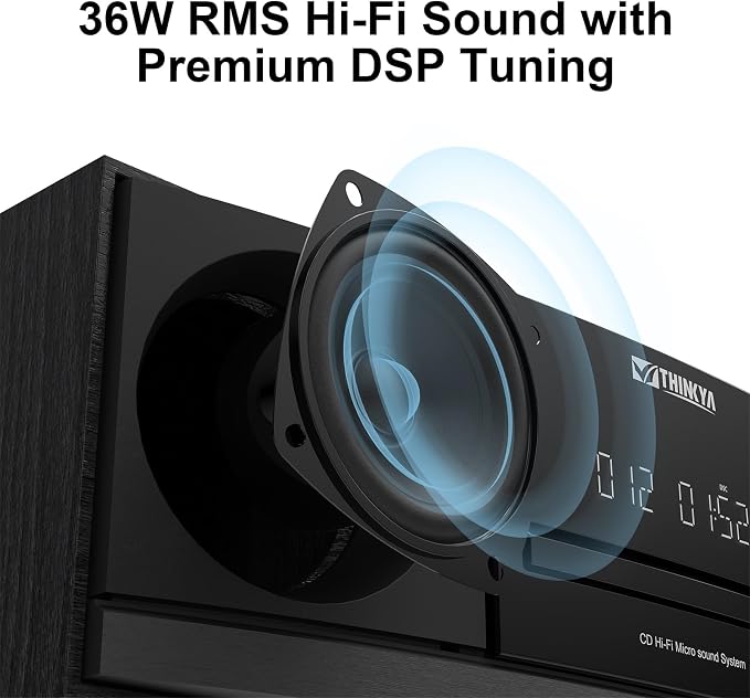 JA-318 CD Player Stereo System for Home, 36W RMS HiFi Bluetooth 5.3 CD Player with Speakers, FM Radio 40 Presets, USB/AUX Playback, LED Clock & Alarm, IR Remote Control, Modern Black Wood