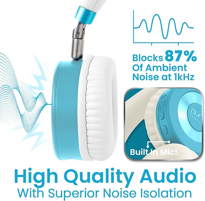Puro Sound Labs JuniorJam Plus Volume-Limiting Wireless Bluetooth Headphones for Kids, Secure Audio with Adjustable On-Ear Design, 22-Hour Battery Life, Ideal for Tablets, Smartphones & PCs - Teal