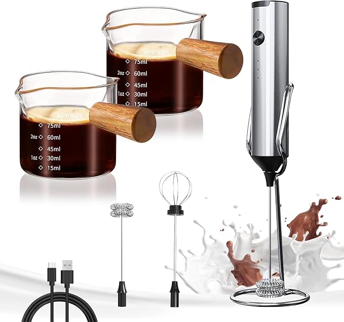 YARRAMATE Silver Powerful Milk Frother Wand & 3.4 oz/100ML Glass Measuring Cups