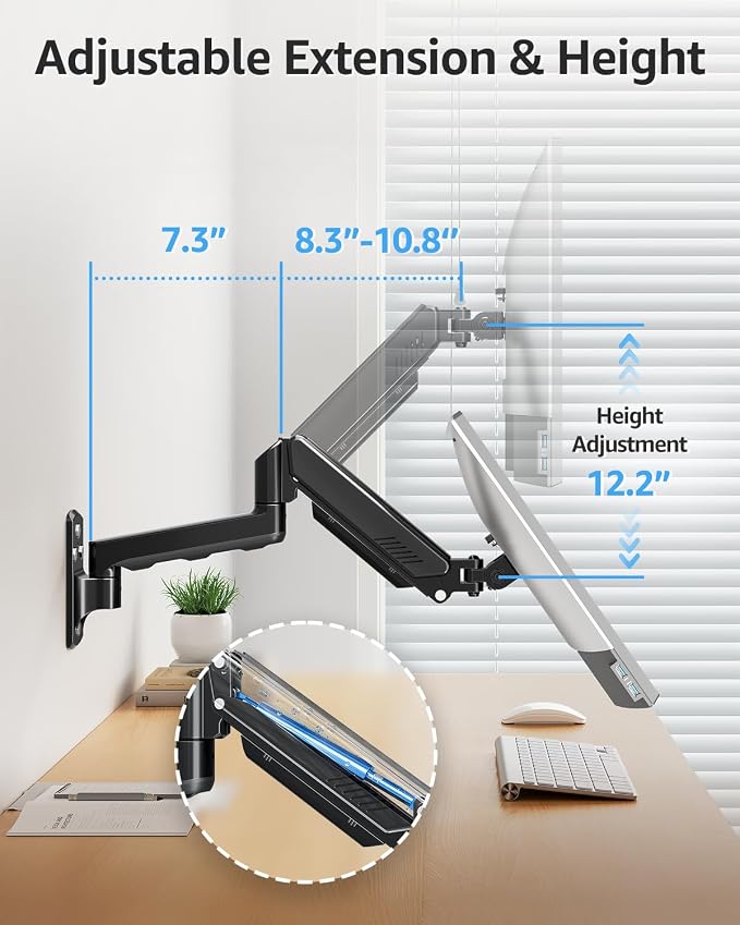 MOUNTUP Single Monitor Wall Mount for Max 32 Inch Computer Screen, Fully Adjustable Monitor Arm, Wall Mount Monitors Holder Support 4.4-19.8lbs Display, VESA Bracket Fit 75x75mm, 100x100mm