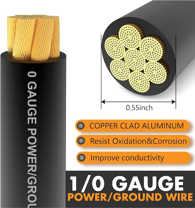 Jeemiter 1/0 Gauge Wire CCA Copper Clad Aluminum (20FT Black) - Battery Cable,Power/Ground Cable with Lug Terminal Connectors & 3:1Heat Shrink Tubing for Car Amplifier,Big 3 Upgrade,Auto