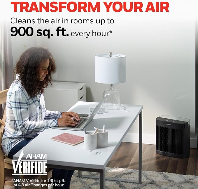 Honeywell Allergen Plus HEPA Air Purifier for Home, Large Rooms up to 900 Ft², Turbo Clean, HEPA Filter Reduces Dust, Pollen, Pet Dander, All Smoke Types, Odors, Black, HPA5100B