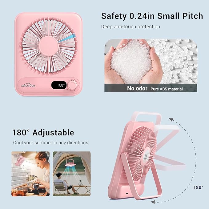 WHATOOK Desk Fan 2 Pack: 100 Speeds Stepless Control 2000mAh Battery Operated Portable Fan, Rechargeable Table Fan for Cruise Ship Essentials, Gift for Couples, Dorm, Office, Bedroom(Pink and Purple)