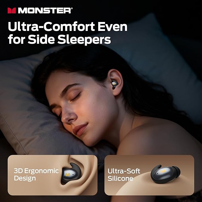 Monster Sleep Ear100 Ear Buds, Sleep Headphones with Stereo Sound, Design for Side Sleeper, 32H Playtime, Bluetooth 6.0, ENC Noise Cancelling, IPX6 Waterproof Mini Earbuds, Black
