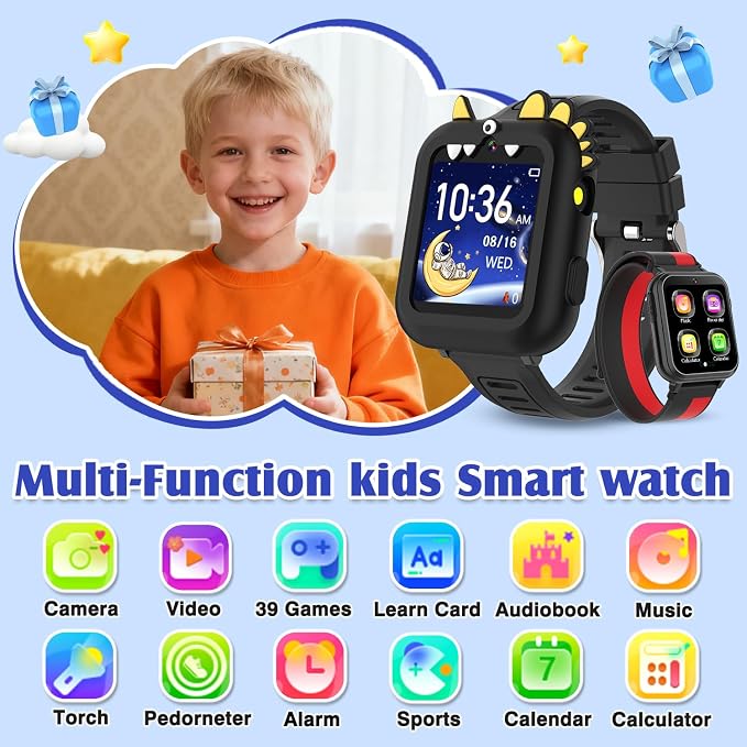Smart Watch for Kids with 39 Games,Camera,Video,Music Player,Recorder,Alarm,Pedometer,Flashlight,Stopwatch,HD Touch Screen,Borthday Gift Toy for Boys Ages 3-12(Black)