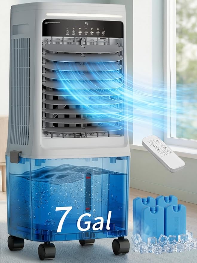 Uthfy 3000CFM Swamp Cooler Air Conditioner, Evaporative Cooler with Dual Water Tanks for 30H Cooling, 120° Oscillating, Ambient Light, 7.0 GAL Detachable Water Tank, 12H Timer, Portable AC for Bedroom