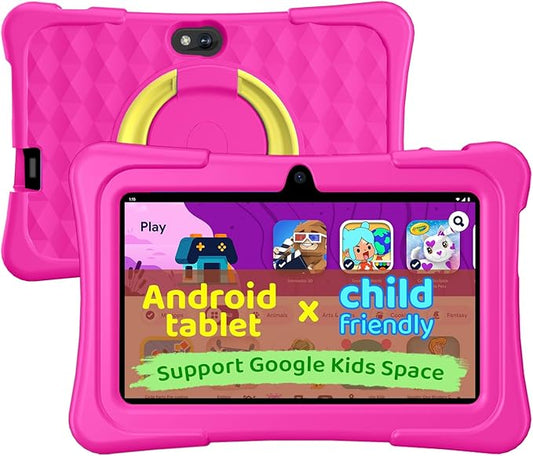 Kids Tablet, 7 inch Android 15 Tablet for Kids, 8GB+32GB 1TB Expand, Quad-Core Toddler Tablets with Shockproof Case, BT5.0, WiFi 5, Parental Control, Games, Dual Camera (Rose)