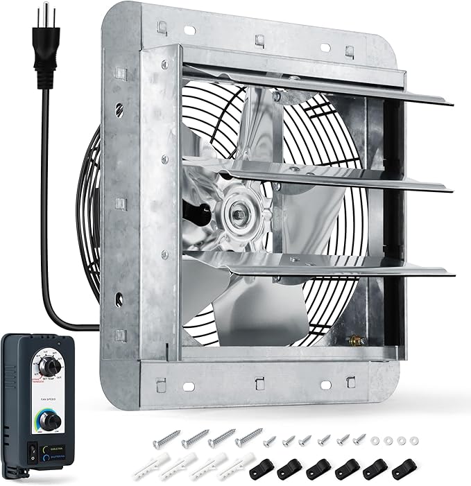10 Inch Shutter Exhaust Fan with Thermostat and Speed Controller, Wall Mounted Vent Fan for Attic, Greenhouse, Shed, Garage, Chicken Coop, Shop Ventilation, 820 CFM, 1200 SQF Coverage Area
