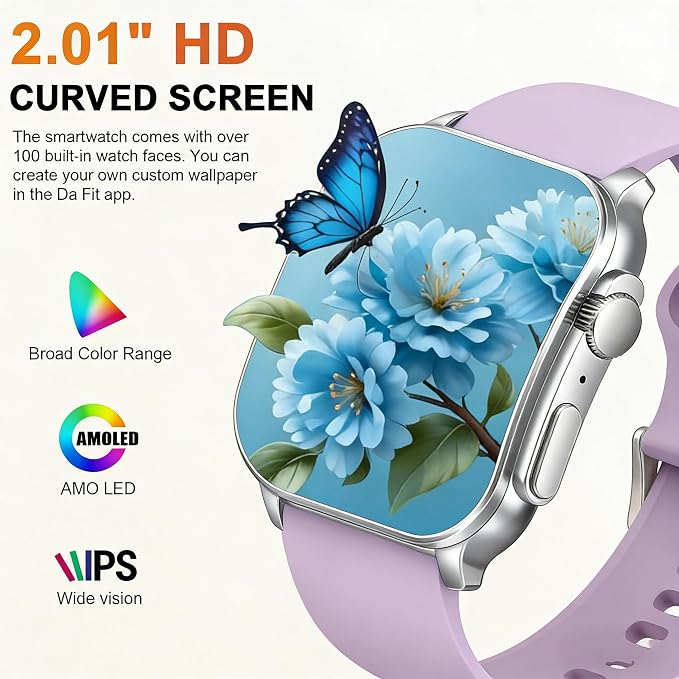 Smart Watch, 2.01" AMOLED Curved HD Full Touch Screen, Compatible with iOS & Android for Daily Workout Business Gift, Fitness Tracker with 24/7 Heart Rate/Sleep Monitor, IP68 Waterproof Watch Purple