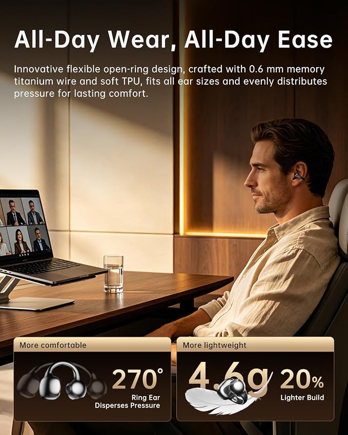 Open Ear Clip-On Earbuds, Wireless Bluetooth Lightweight Ear Buds, Comfortable Fit with Crystal Clear Sound, 50H Playtime, Water Resistant Clip Headphones for Running, Workout & Glasses Wearers