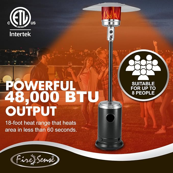 Fire Sense All Seasons Patio Heater With Wheels 48000 BTU Output Electronic Ignition System Portable Outdoor Propane Heater Series Patio Heater - Oynx & Stainless Steel Accent Finish