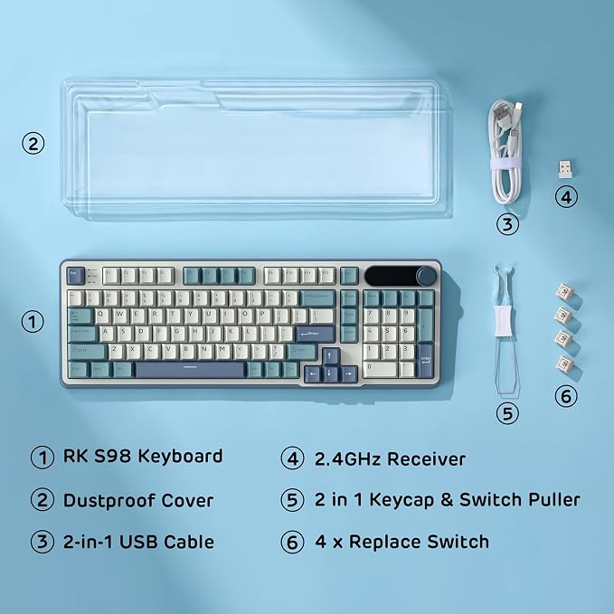 RK ROYAL KLUDGE S98 Mechanical Keyboard w/Smart Display & Knob, 96% RGB Wireless Gaming Keyboard BT/2.4G/USB-C, Hot Swappable Custom Keyboards, Software Support, Silent Computer Gaming Keyboard