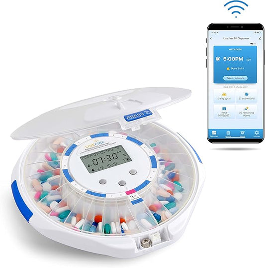 Live Fine Smart WiFi Automatic Pill Dispenser Frosted Lid | 28-Day Medication Organizer Up to 9 Doses Per Day for Care Monitoring with Lock Key, Light/Sound Alarms for Prescriptions & Vitamins