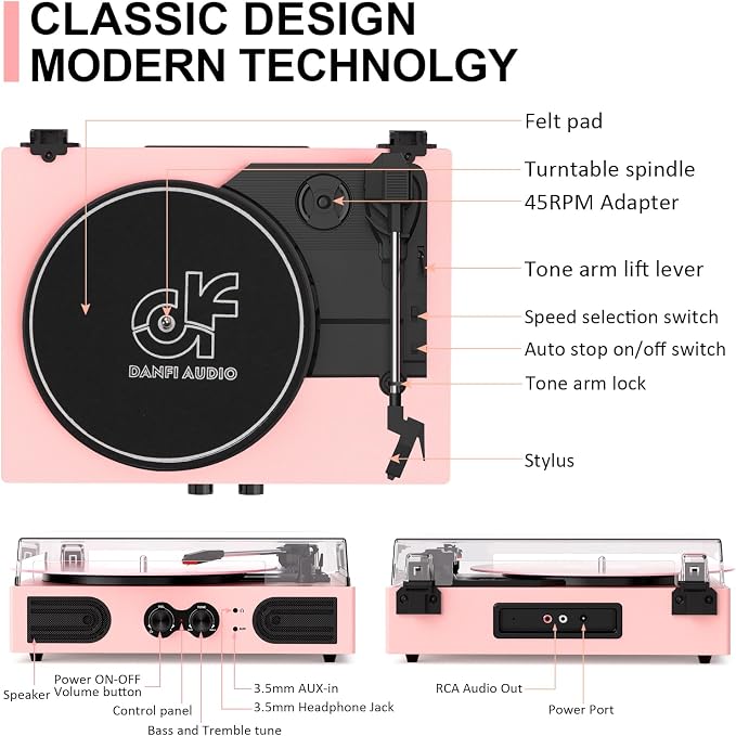 Vinyl Record Player with Built-in Speakers 3-Speed Vintage Record Player Support Treble& Bass Control, 3.5mm Headphone Jack, RCA-Out/Aux in, Belt-Driven LP Turntable,Pink