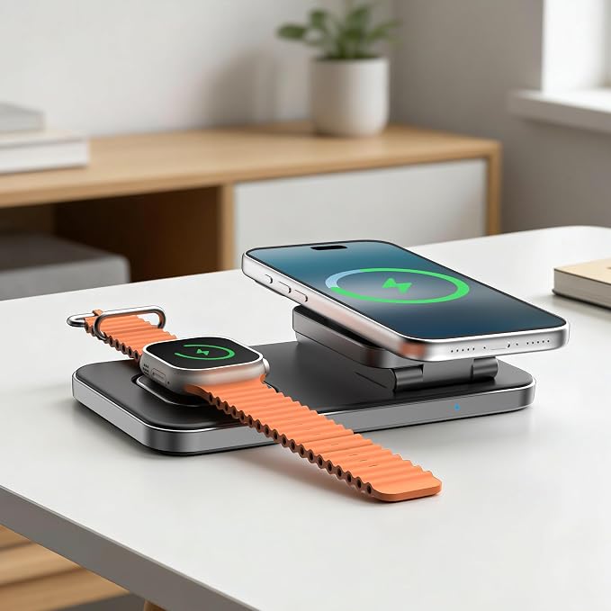 3 in 1 Magnetic Wireless Charger for Multiple Devices, Fast Foldable Travel Mag-Safe Charger Stand for iPhone 17 16 15 14 13 12, Wireless Charging Station for iWatch Series, for AirPods Black